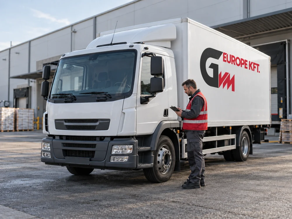 GVM-logós teherautó és munkatárs egy ipari rakodóhelyen; AI-generált illusztráció.